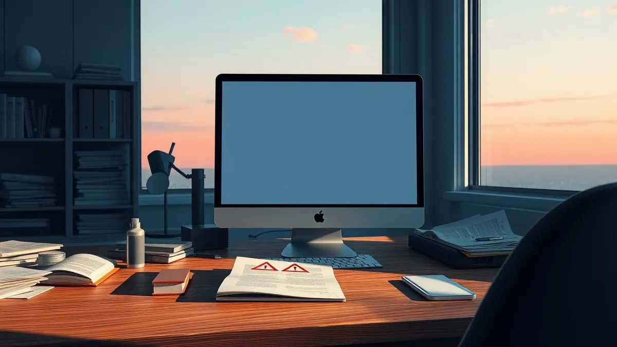 Illustration: A generic desktop computer sits on a cluttered desk inside a dimly lit office.