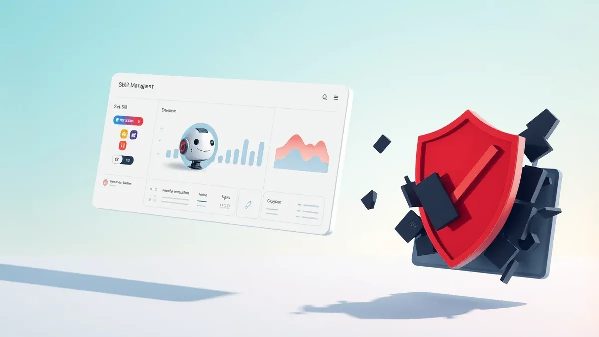 Illustration: A sleek, white software management dashboard floats in mid-air.