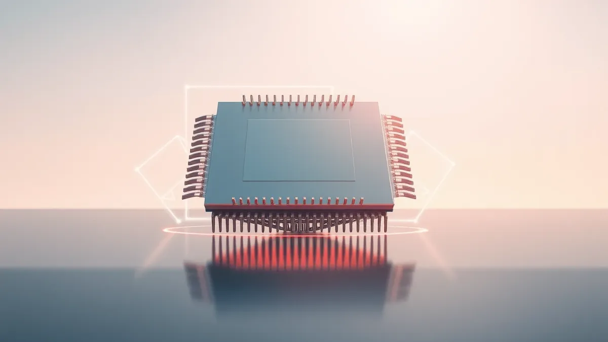 Illustration: A sleek silver microprocessor rests on a polished dark surface, its metallic pins reflecting soft ambient light.