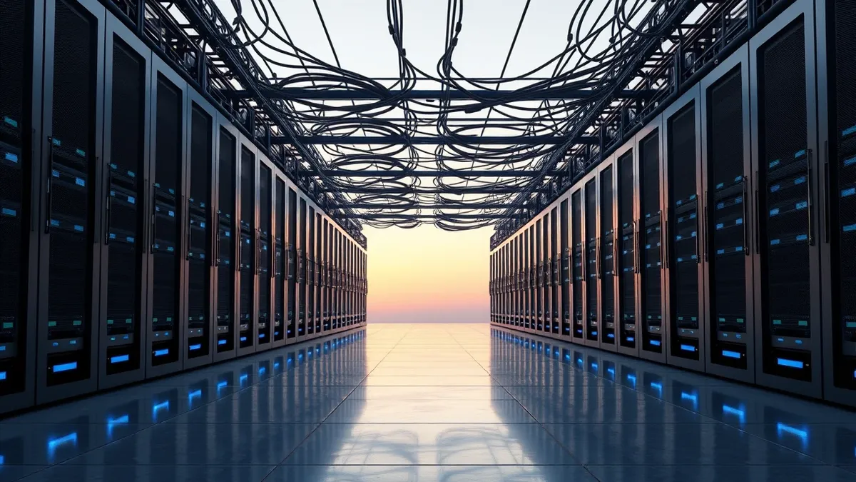 Illustration: A sleek row of black server blades sits inside a clean data center aisle, with blinking blue status lights reflecting off the polished concrete floor.