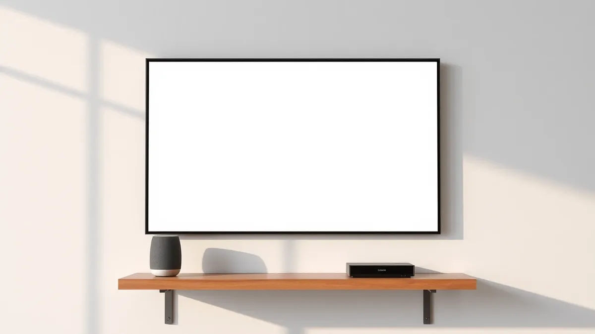 Illustration: A sleek, wall-mounted digital frame displays a blank white background while sitting beside a small, cylindrical smart speaker and a compact media streaming box on a m