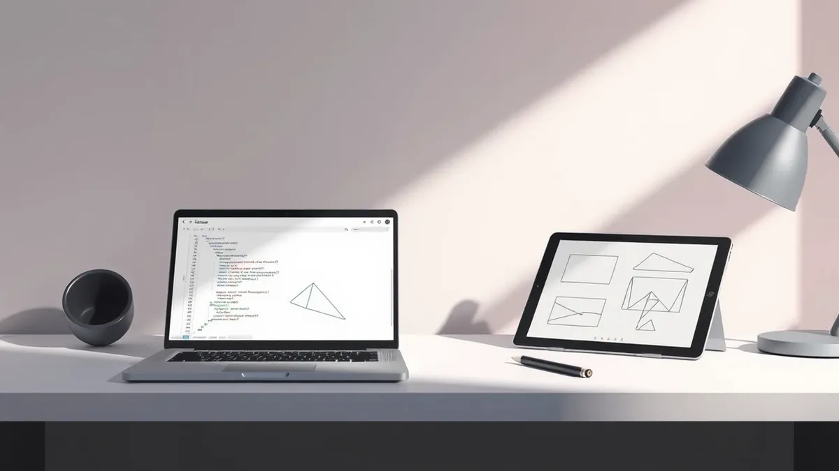Illustration: A minimalist desk holds a laptop displaying a blank code editor with abstract geometric shapes, alongside a stylus resting on a tablet showing simple line diagrams.