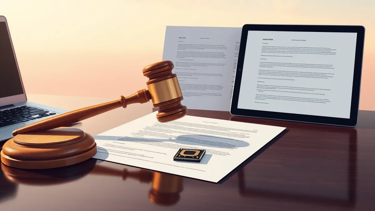 Illustration: A stark wooden gavel rests on a polished desk beside a stack of blank legal documents.