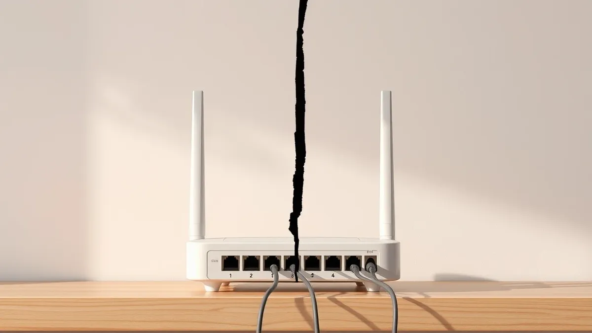 Illustration: A white home Wi-Fi router sits on a wooden shelf with several ethernet cables plugged into its rear ports.