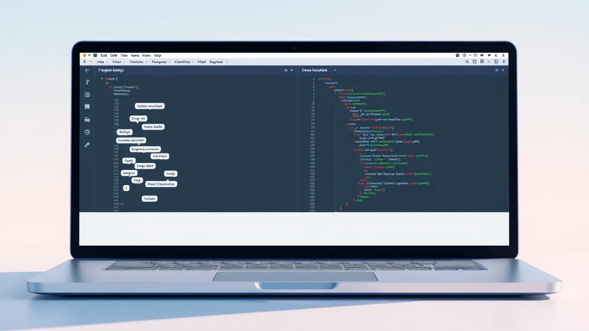 Illustration: A laptop screen displays a blank code editor window with two side-by-side panels.