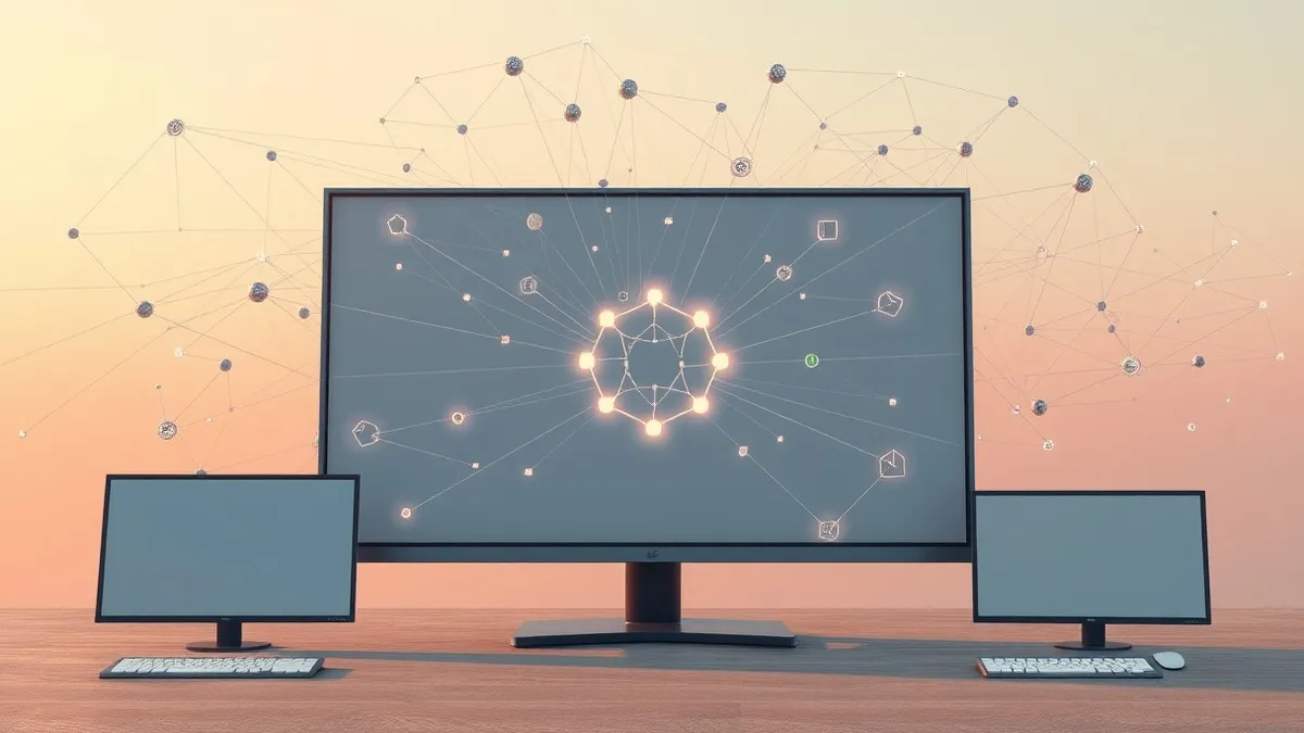 Illustration: A complex web of thin, glowing threads connects abstract geometric shapes representing data and applications on a large, blank monitor.