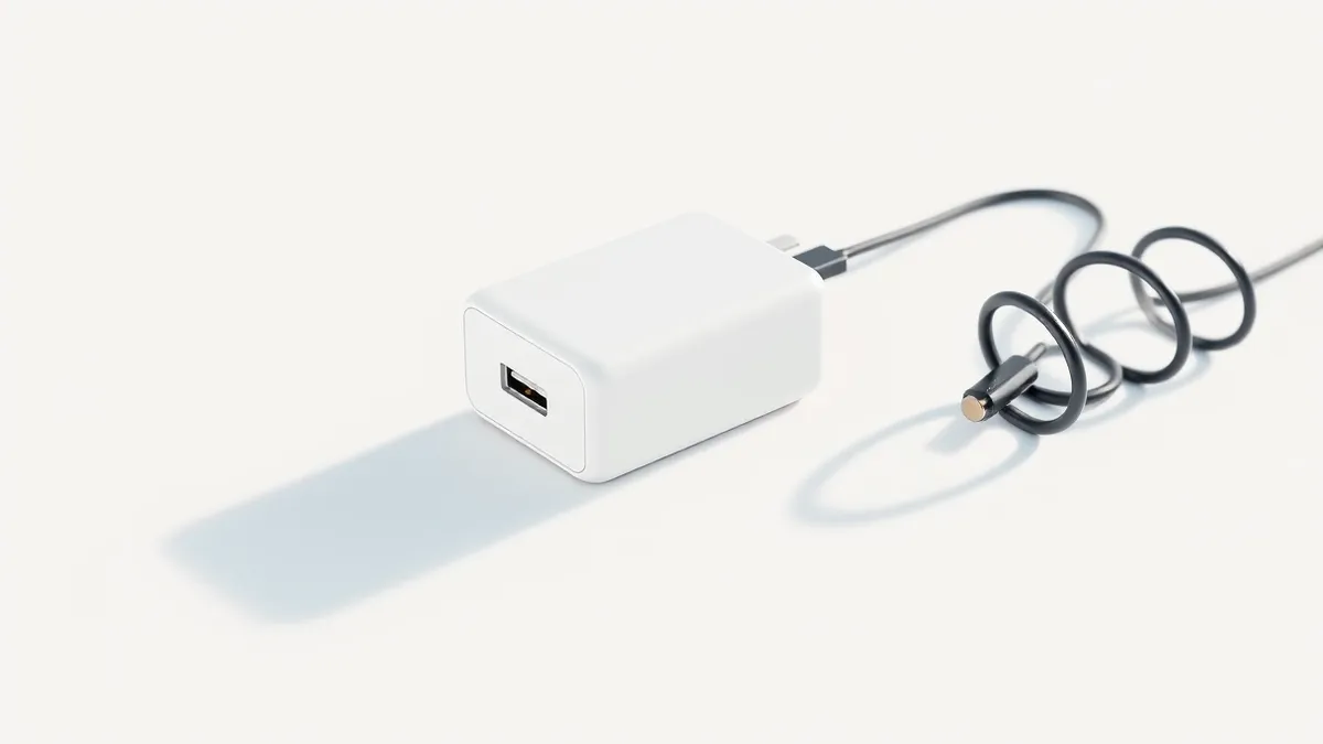 Illustration: A small, smooth rectangular portable charger rests on a clean white surface next to a coiled black cable.
