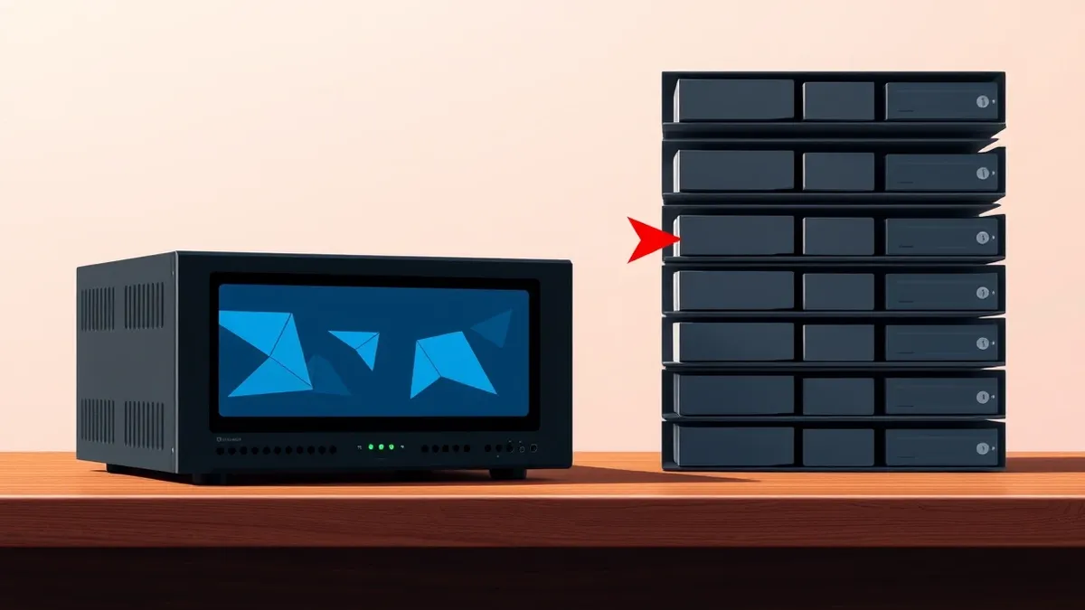 Illustration: A black network storage appliance sits on a wooden desk, its front panel displaying abstract geometric search icons in blue.