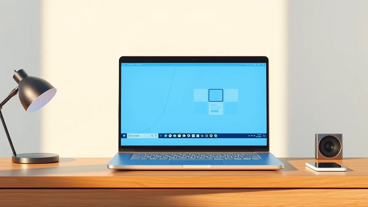 Illustration: A sleek laptop screen displays a clean, minimalist desktop interface with abstract application windows arranged in a neat grid.