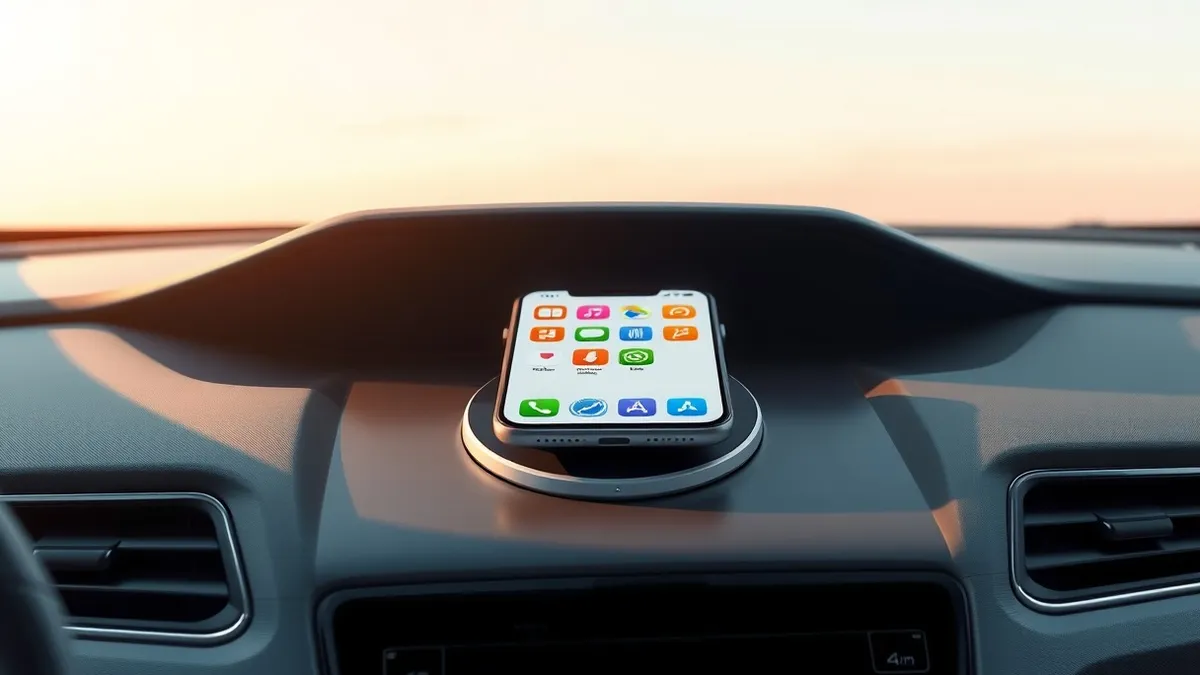 Illustration: A sleek smartphone rests on a wireless charging pad inside a modern car dashboard.