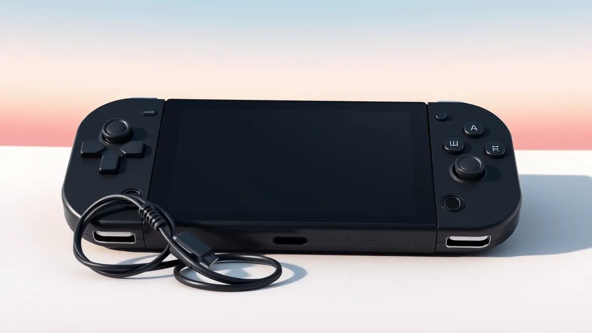 Illustration: A sleek black handheld gaming console rests on a plain white surface.