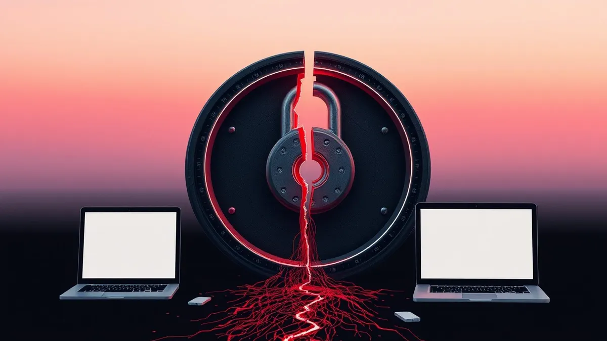 Illustration: A digital lock mechanism sits open on a dark background, with a jagged red crack running through its metal center.