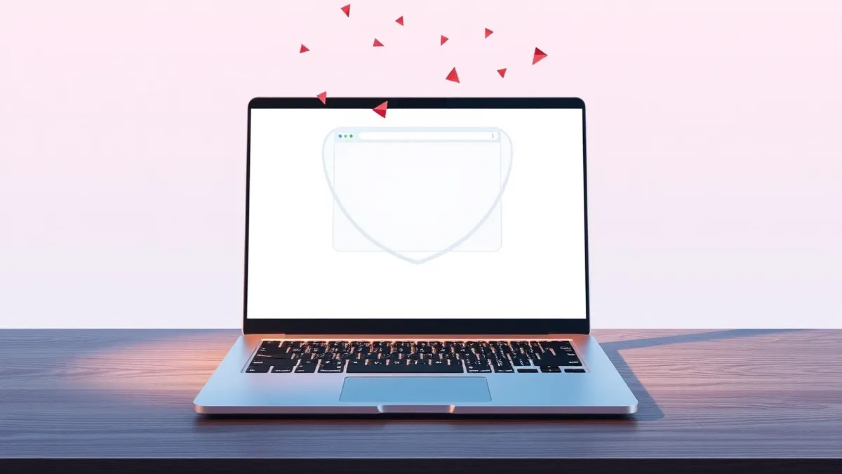 Illustration: A sleek silver laptop sits on a wooden desk with its screen displaying a blank browser window.