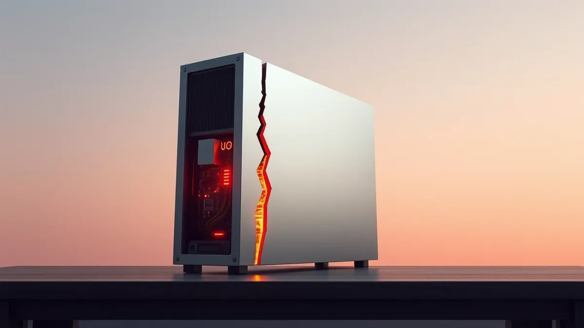 Illustration: A silver web server sits isolated on a dark wooden desk.