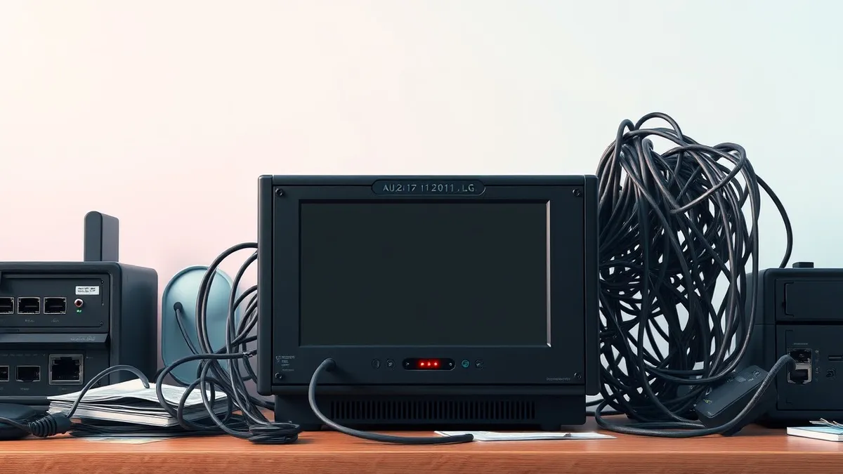 Illustration: A black network firewall sits on a cluttered desk, its small display screen completely blank and dark.