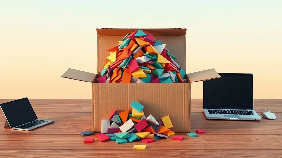 Illustration: A stack of colorful, abstract geometric shapes spills from an open, weathered cardboard box onto a wooden table, representing the financial losses incurred by older a