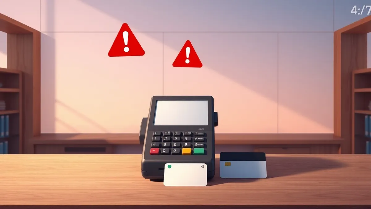 Illustration: A generic point-of-sale terminal sits on a wooden counter next to a blank credit card.
