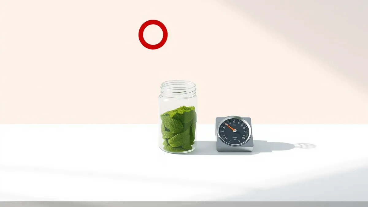 Illustration: A small glass jar filled with vibrant green leaf powder sits on a stark white laboratory bench next to a metal scale.
