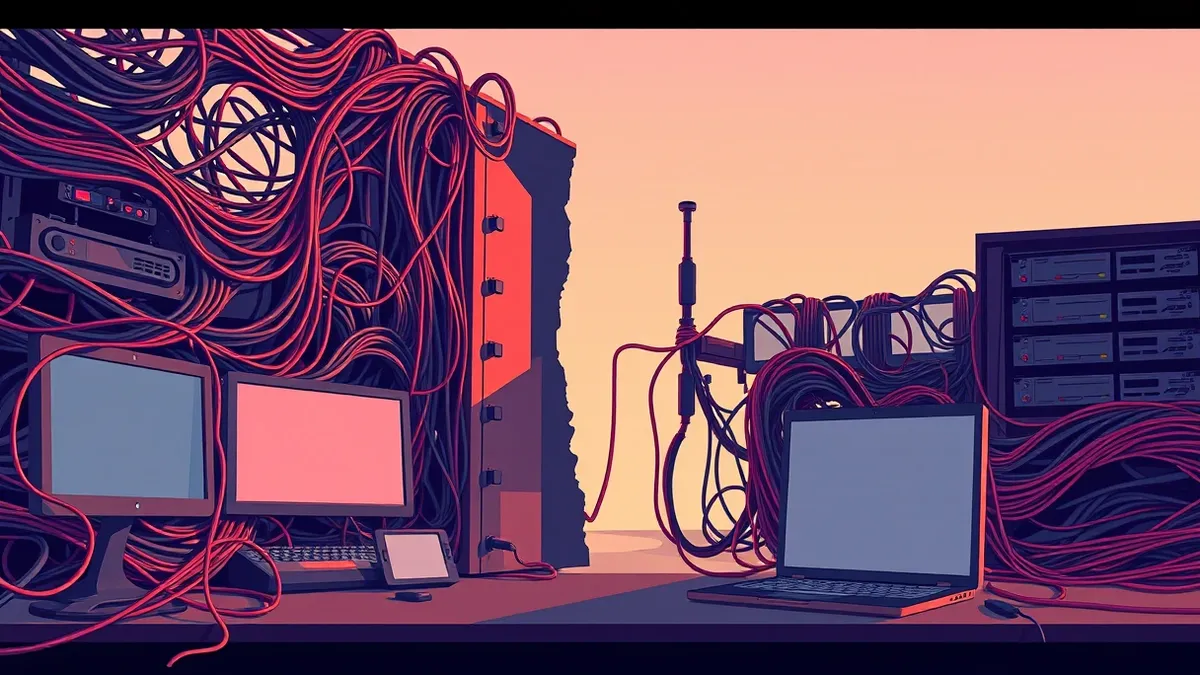 Illustration: A complex network of tangled server cables sits behind a broken firewall.