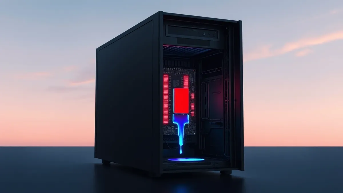 Illustration: A sleek black server tower sits in a dimly lit room with its side panel removed.