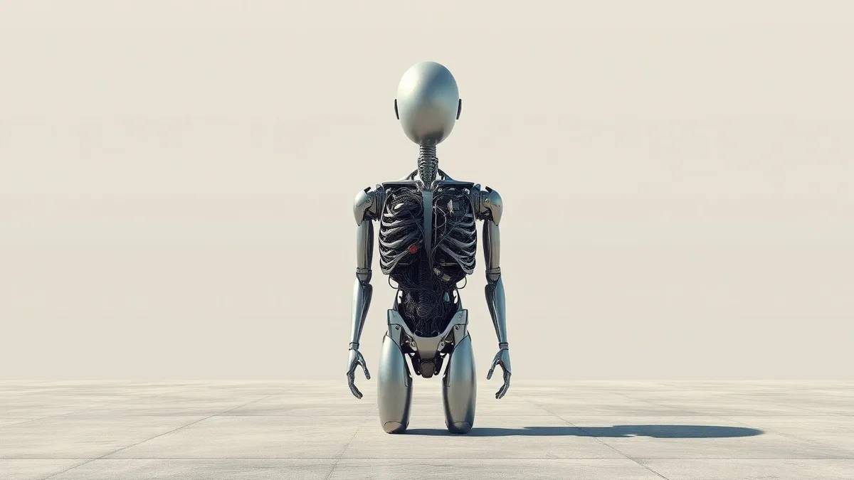 Illustration: A metallic humanoid torso stands upright on a polished concrete floor.