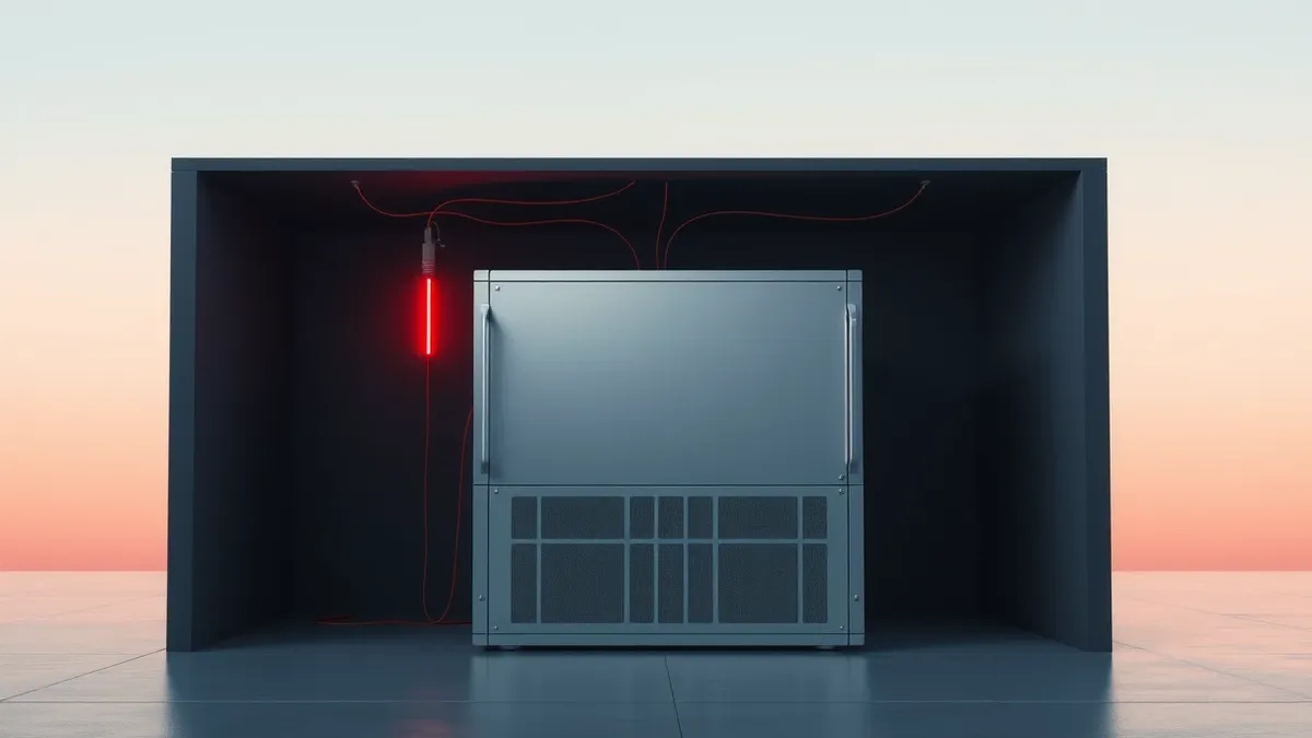 Illustration: A blank silver server unit sits inside a dim room with exposed wiring.