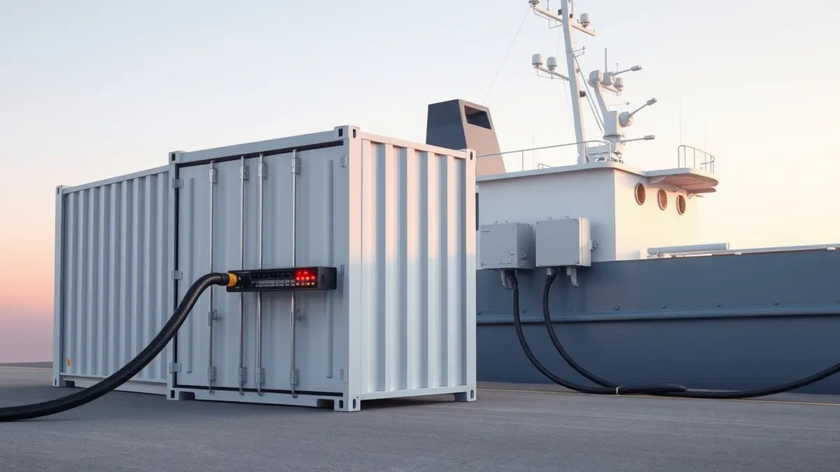 Illustration: A white shipping container sits beside a steel vessel hull.