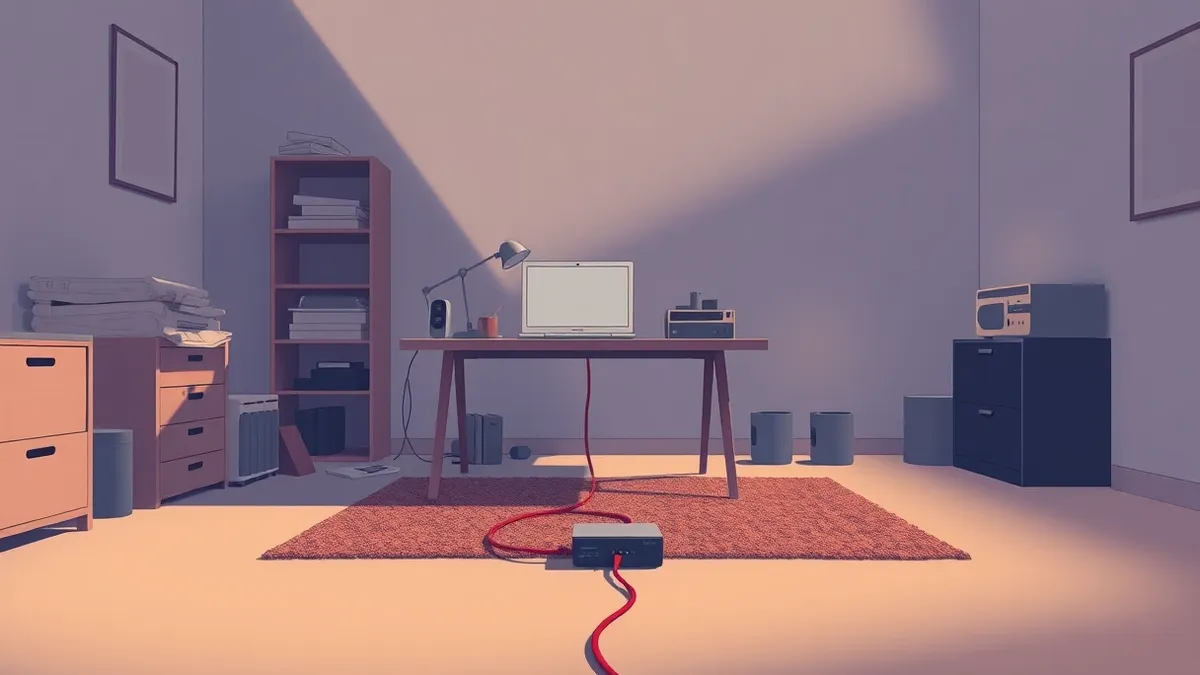 Illustration: A cluttered home office desk sits in a dimly lit room, featuring a laptop connected to a wired router.