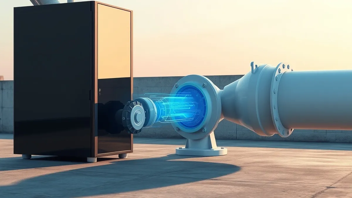 Illustration: A sleek black server unit sits beside a white industrial valve on a concrete floor.
