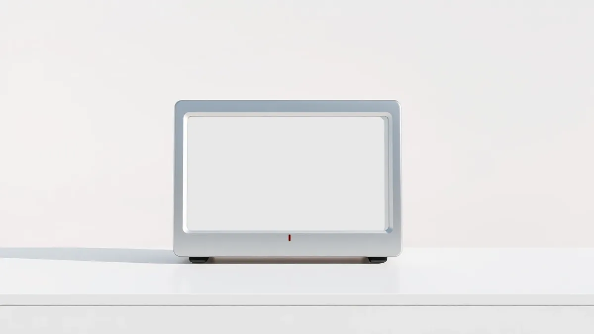 Illustration: A sleek silver desktop server sits isolated on a plain white desk.