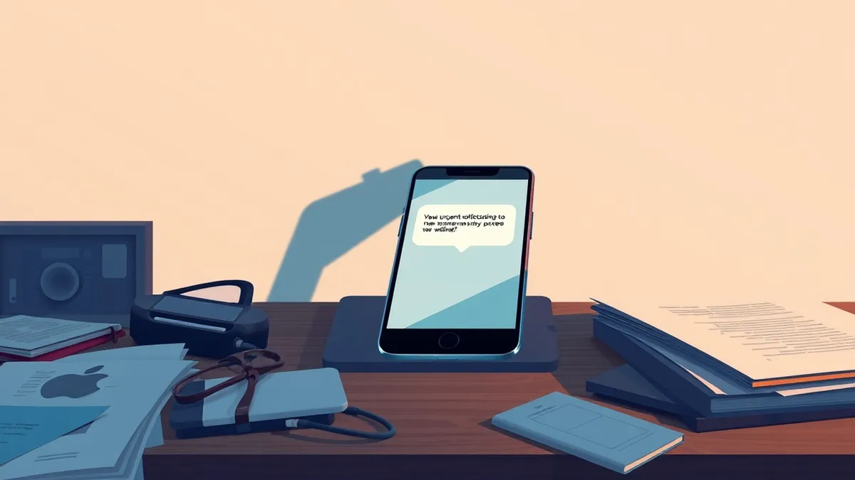 Illustration: A smartphone rests on a cluttered wooden desk, its screen displaying a vague, urgent notification bubble that vibrates slightly.