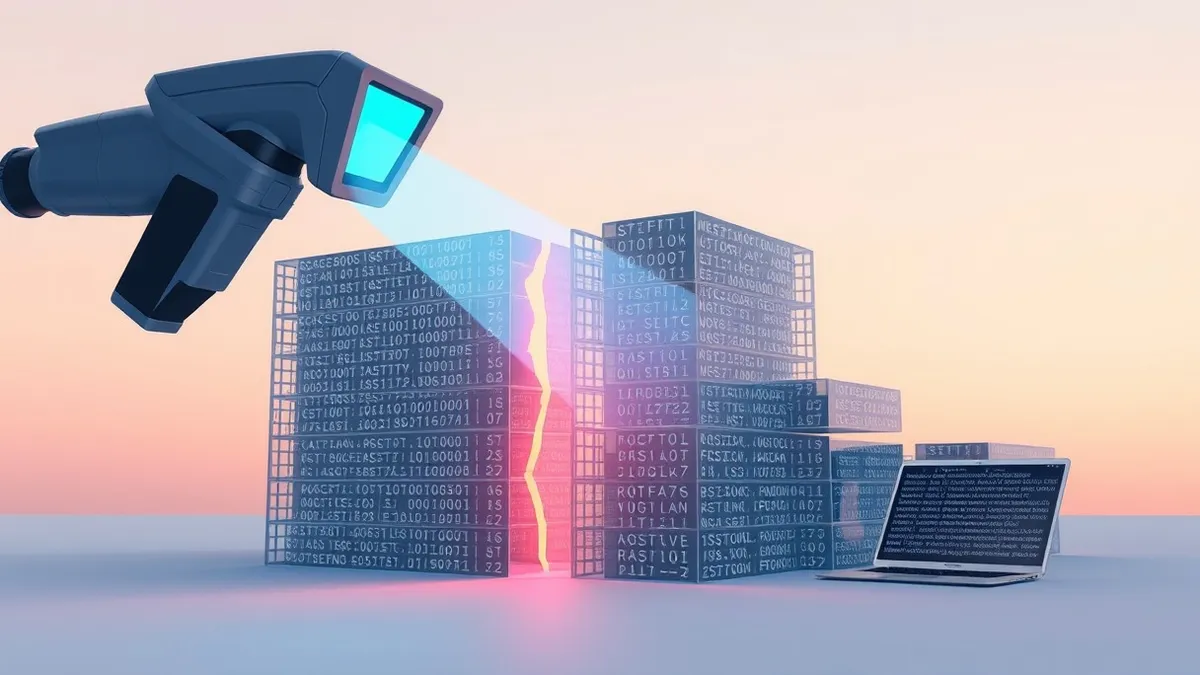 Illustration: A sleek handheld scanner hovers over a stack of translucent code blocks, emitting a soft blue beam that highlights a fractured segment within the digital structure.
