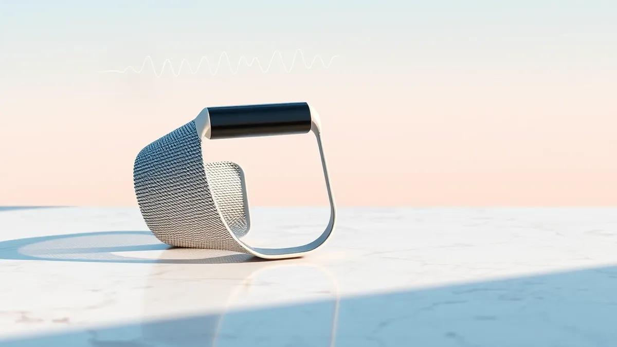 Illustration: A sleek fitness wristband rests on a smooth marble surface, wrapped in a flexible silver metal mesh band.