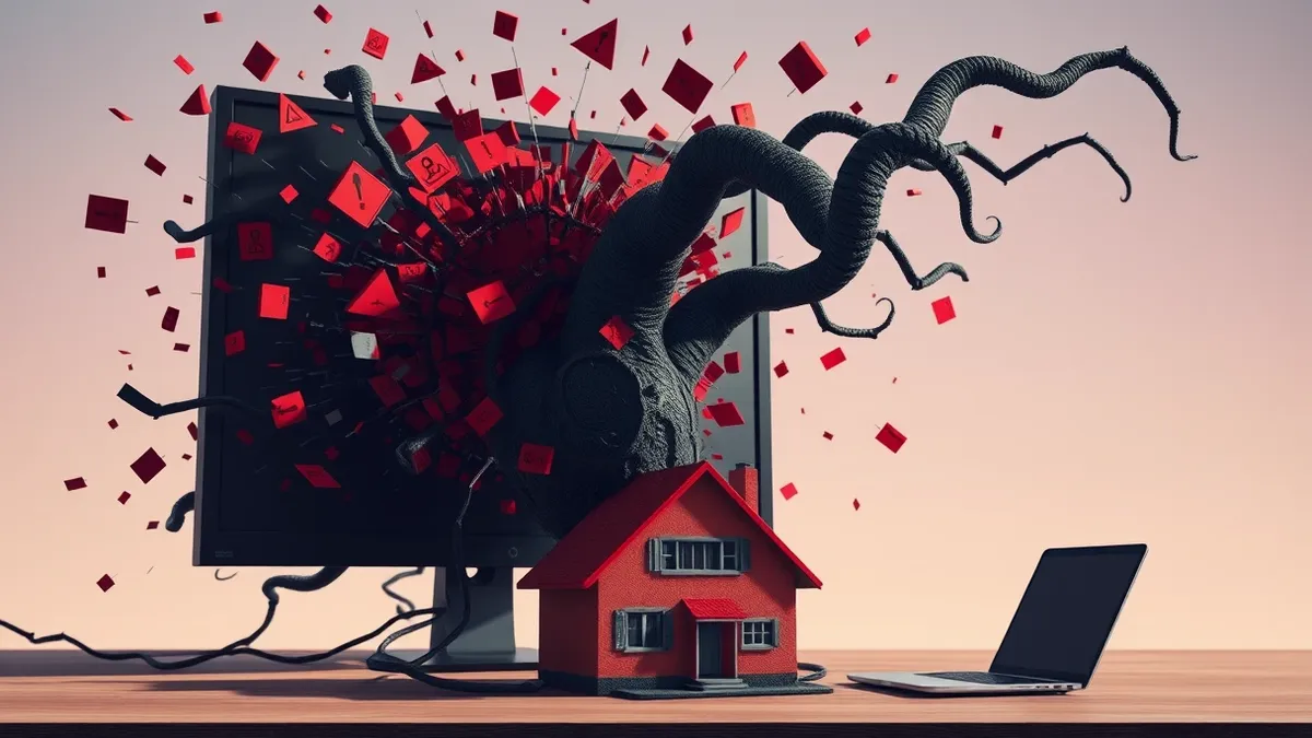 Illustration: A chaotic tangle of red warning icons and jagged digital shards erupts from a cracked desktop monitor, twisting into menacing, shadowy tendrils that coil tightly arou
