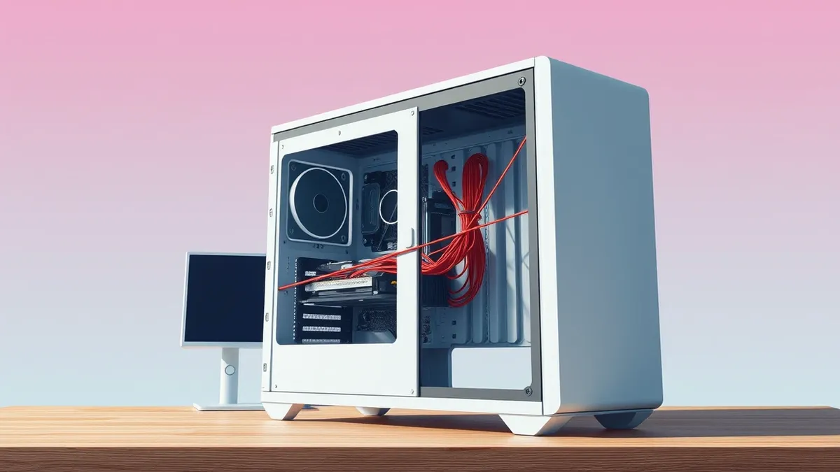 Illustration: A sleek white tower computer sits on a clean wooden desk, its side panel removed to reveal neatly arranged internal components.