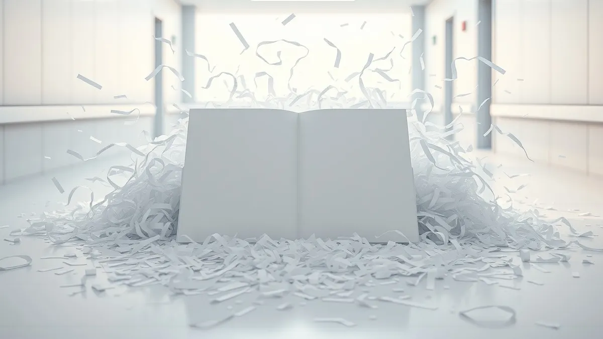 Illustration: A solitary white medical file folder lies open on a sterile hospital floor.