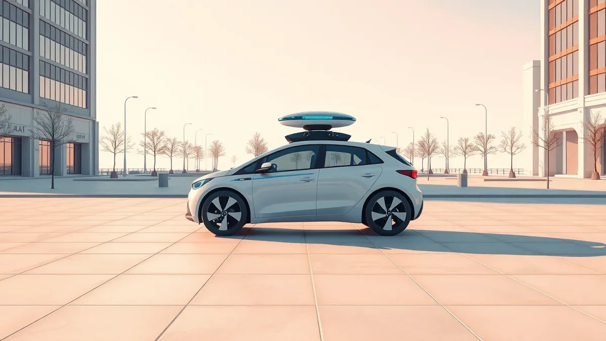 Illustration: A sleek, empty autonomous vehicle sits on a polished city street, its roof-mounted sensor suite glowing with subtle blue light.