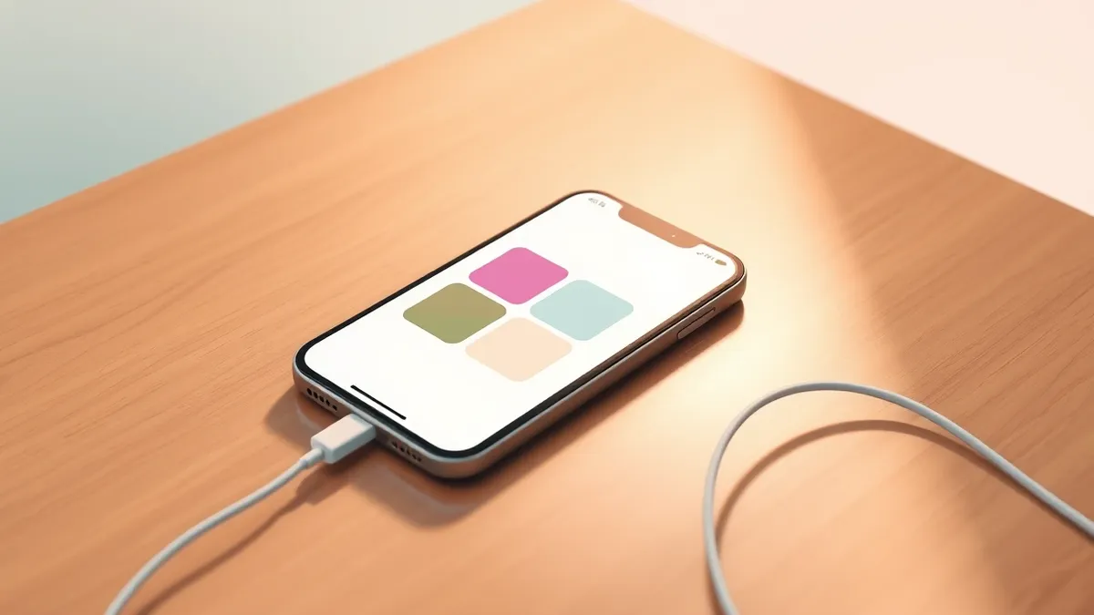 Illustration: A sleek smartphone rests on a polished wooden table, displaying a blank screen with four large, colorful geometric icons arranged in a neat two-by-two grid.