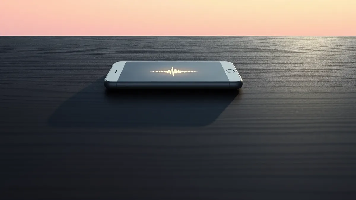 Illustration: A sleek white smartphone rests on a dark wooden table, its screen displaying a single glowing pulse that radiates outward in concentric rings.