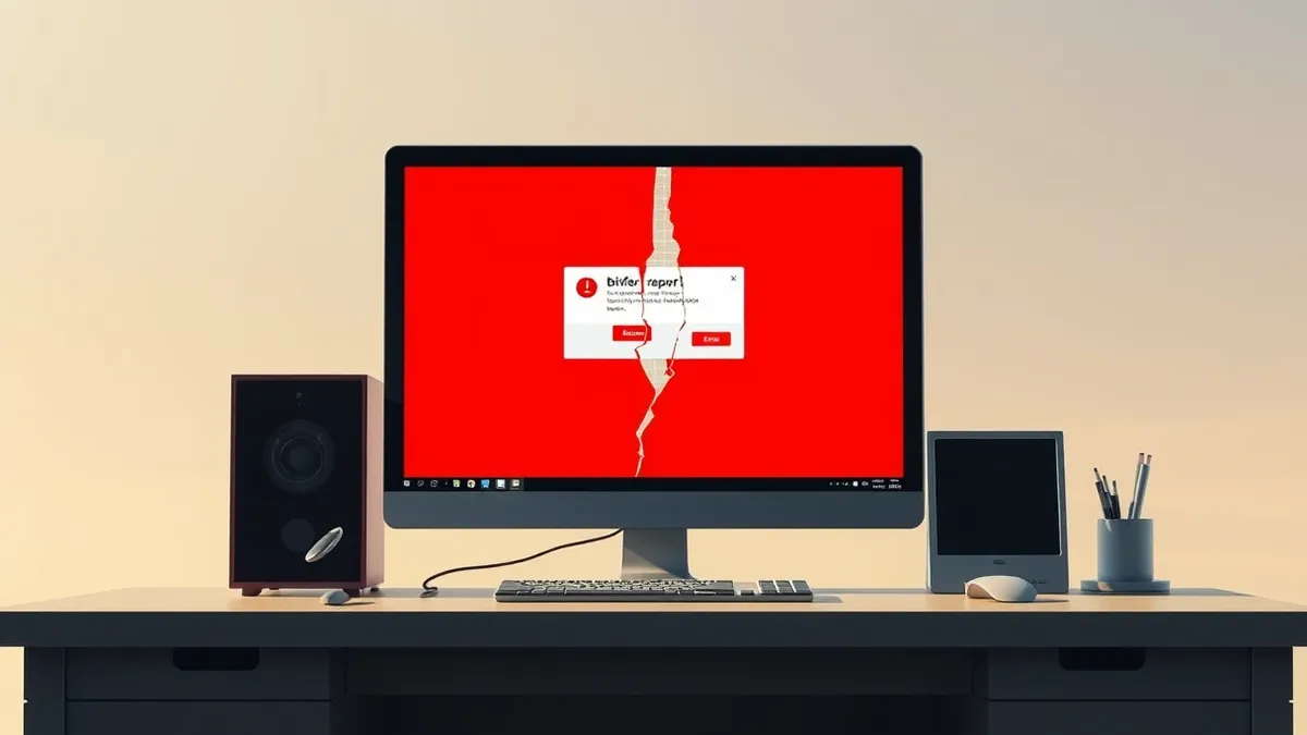 Illustration: A Windows operating system desktop window sits on a generic office desk, displaying a blank error report dialog box with abstract geometric shapes inside.