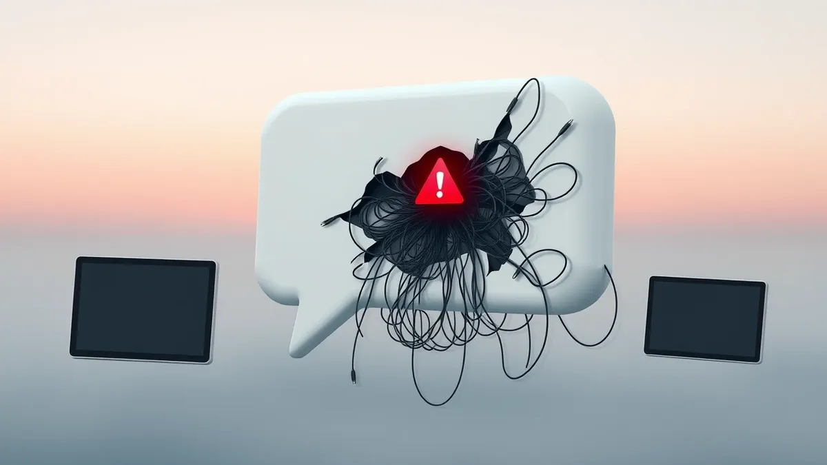 Illustration: A sleek white chatbot interface floats in mid-air, its smooth surface cracking open to reveal tangled, chaotic wires spilling out from within.