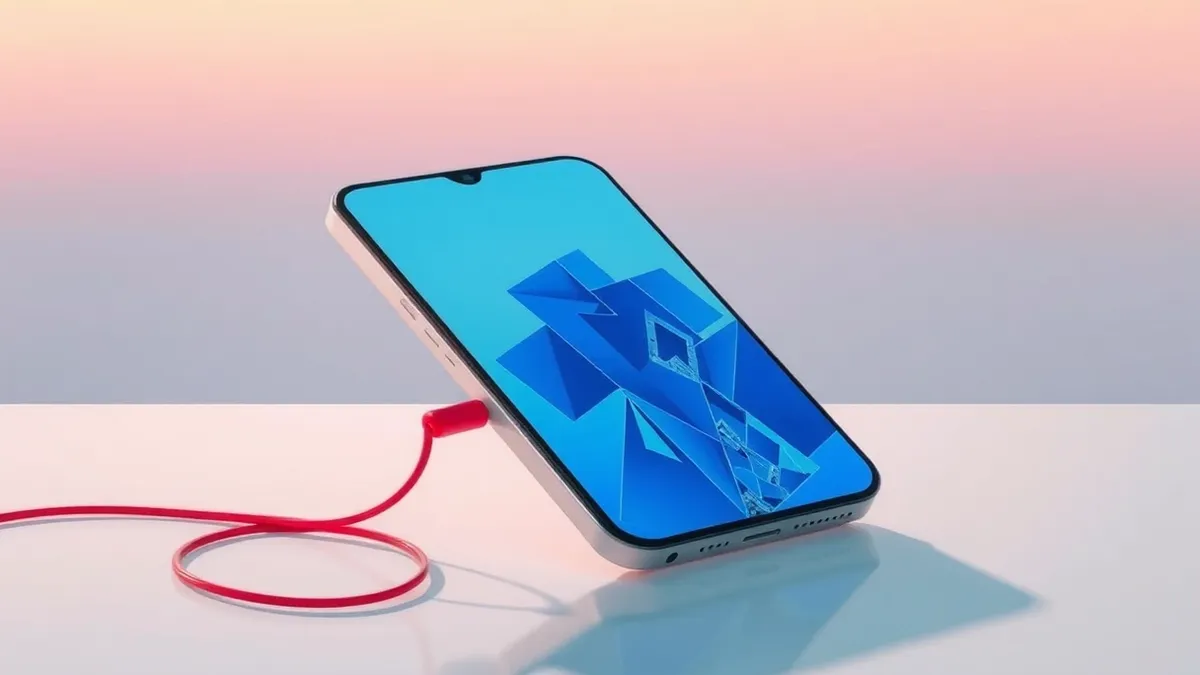 Illustration: A generic smartphone screen displaying a fractured grid of abstract blue shapes.