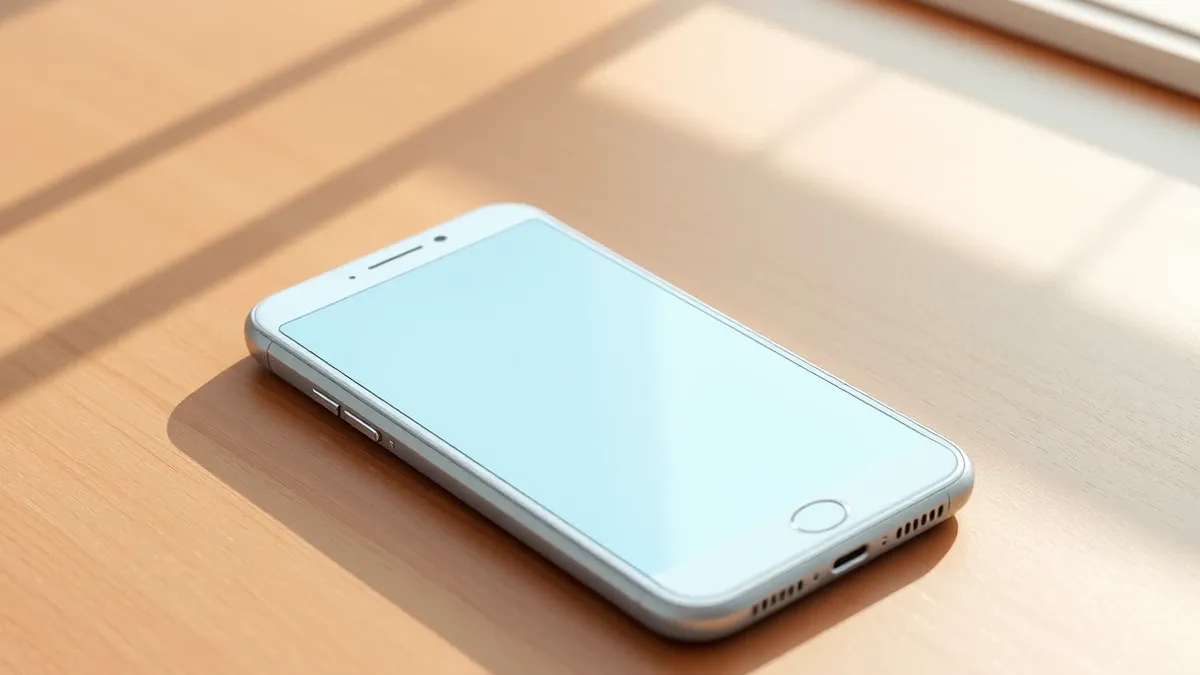 Illustration: A white smartphone rests on a wooden desk, its screen displaying a smooth sliding animation of abstract blue shapes.