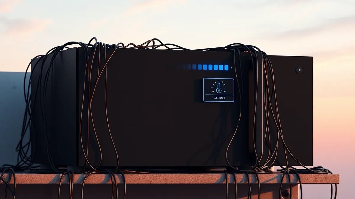 Illustration: A sleek black media server box sits on a dusty shelf with tangled cables spilling from the back.