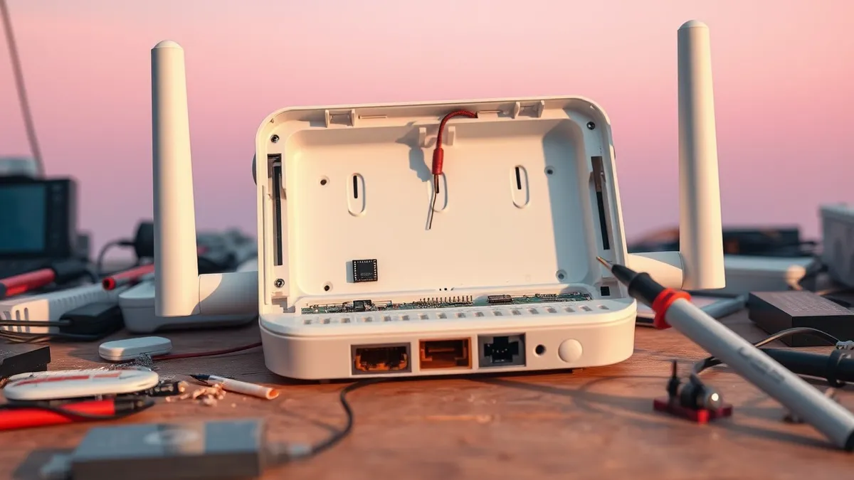 Illustration: A disassembled white wifi router rests on a cluttered workbench, its plastic casing split open to reveal the internal circuit board.