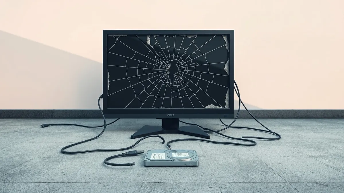 Illustration: A dusty office floor holds a shattered computer monitor, its screen cracked into spiderweb fractures.
