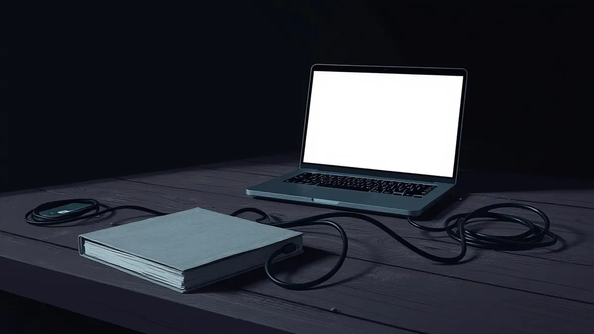 Illustration: A dark, cluttered workspace features a single open laptop displaying a blank, empty browser window.