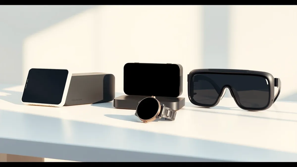 Illustration: A sleek smartwatch rests beside a compact media streaming box and a pair of augmented reality glasses on a clean white desk.