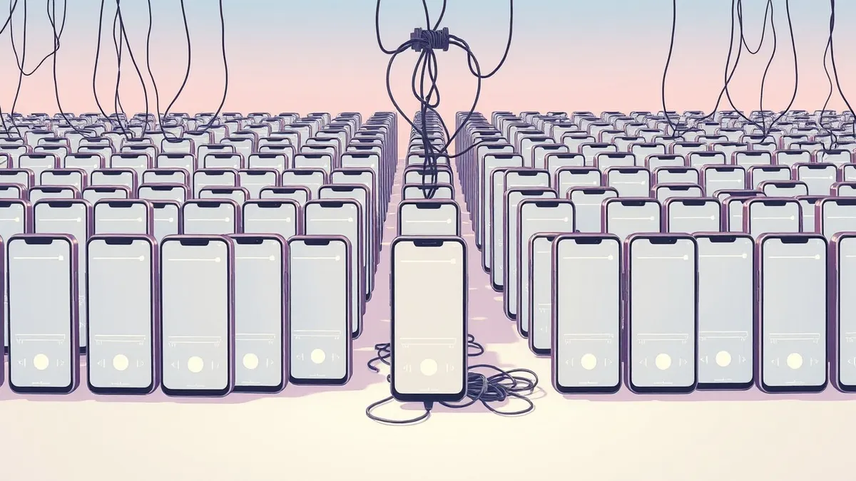 Illustration: A dense forest of identical smartphones stands in a charging station, each screen displaying a blank music player interface with a frozen progress bar.