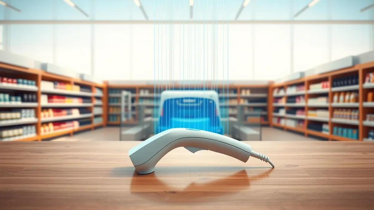 Illustration: A sleek, white handheld barcode scanner rests on a polished wooden counter in a bright retail store.